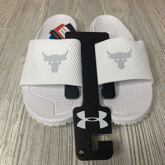 Under Armour Project Rock Logo Slide Sandals Men’s 8 White Fat Tire NWT - Picture 1 of 7